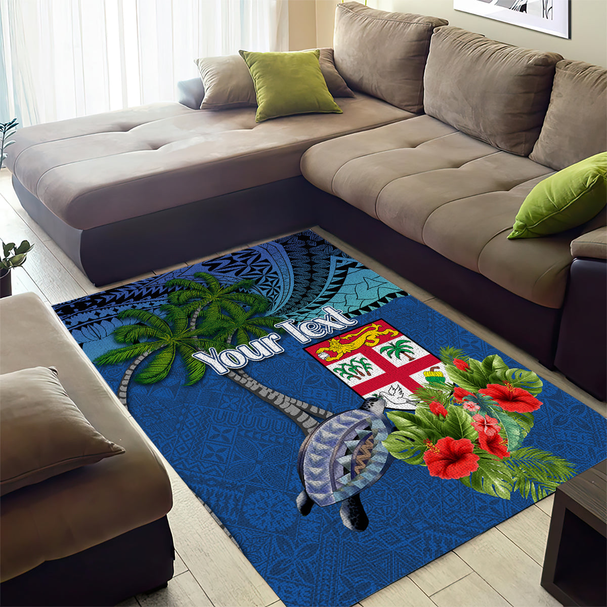 Personalised Fiji Independence Day Area Rug Fijian Coat of Arms Palm and Hibiscus Tapa Pattern LT03 - Polynesian Pride