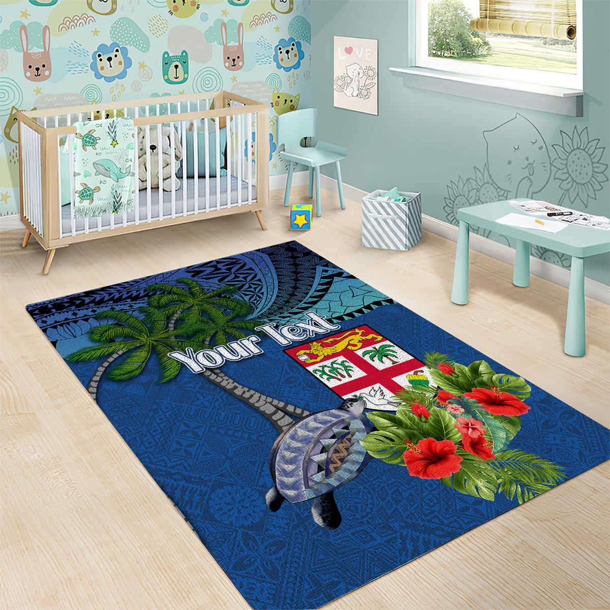 Personalised Fiji Independence Day Area Rug Fijian Coat of Arms Palm and Hibiscus Tapa Pattern LT03 - Polynesian Pride