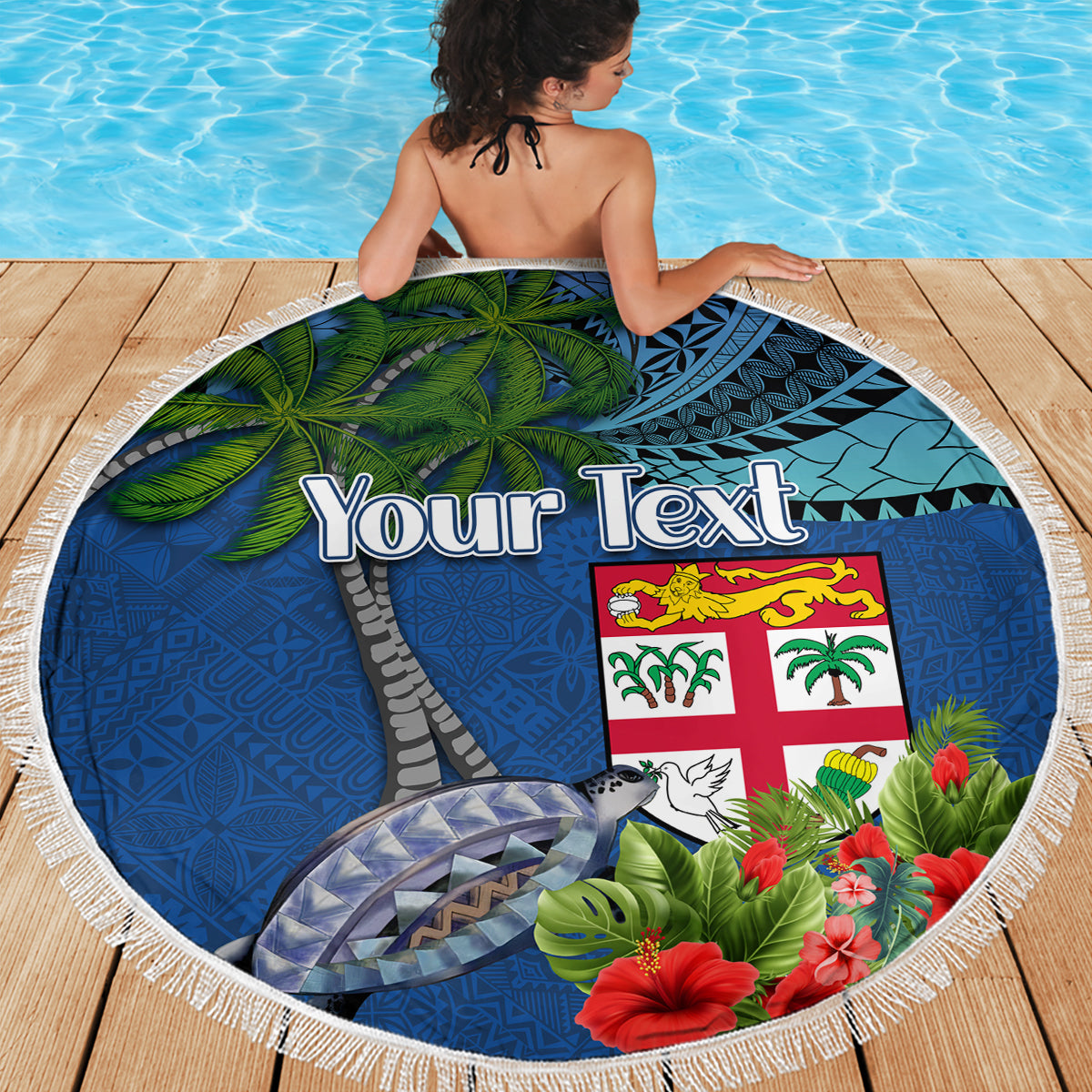 Personalised Fiji Independence Day Beach Blanket Fijian Coat of Arms Palm and Hibiscus Tapa Pattern LT03 - Polynesian Pride