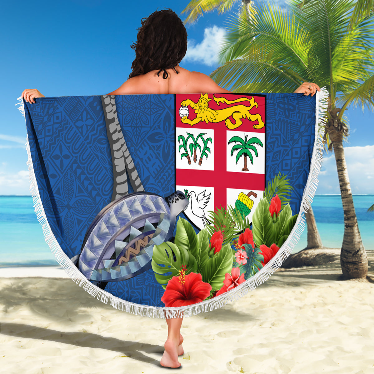 Personalised Fiji Independence Day Beach Blanket Fijian Coat of Arms Palm and Hibiscus Tapa Pattern LT03 - Polynesian Pride