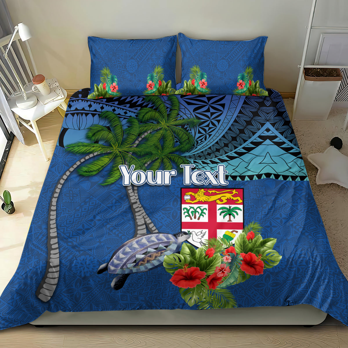 Personalised Fiji Independence Day Bedding Set Fijian Coat of Arms Palm and Hibiscus Tapa Pattern LT03 - Polynesian Pride