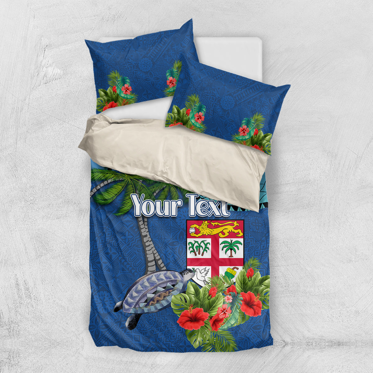 Personalised Fiji Independence Day Bedding Set Fijian Coat of Arms Palm and Hibiscus Tapa Pattern LT03 US Twin 172cm x 218cm Blue - Polynesian Pride