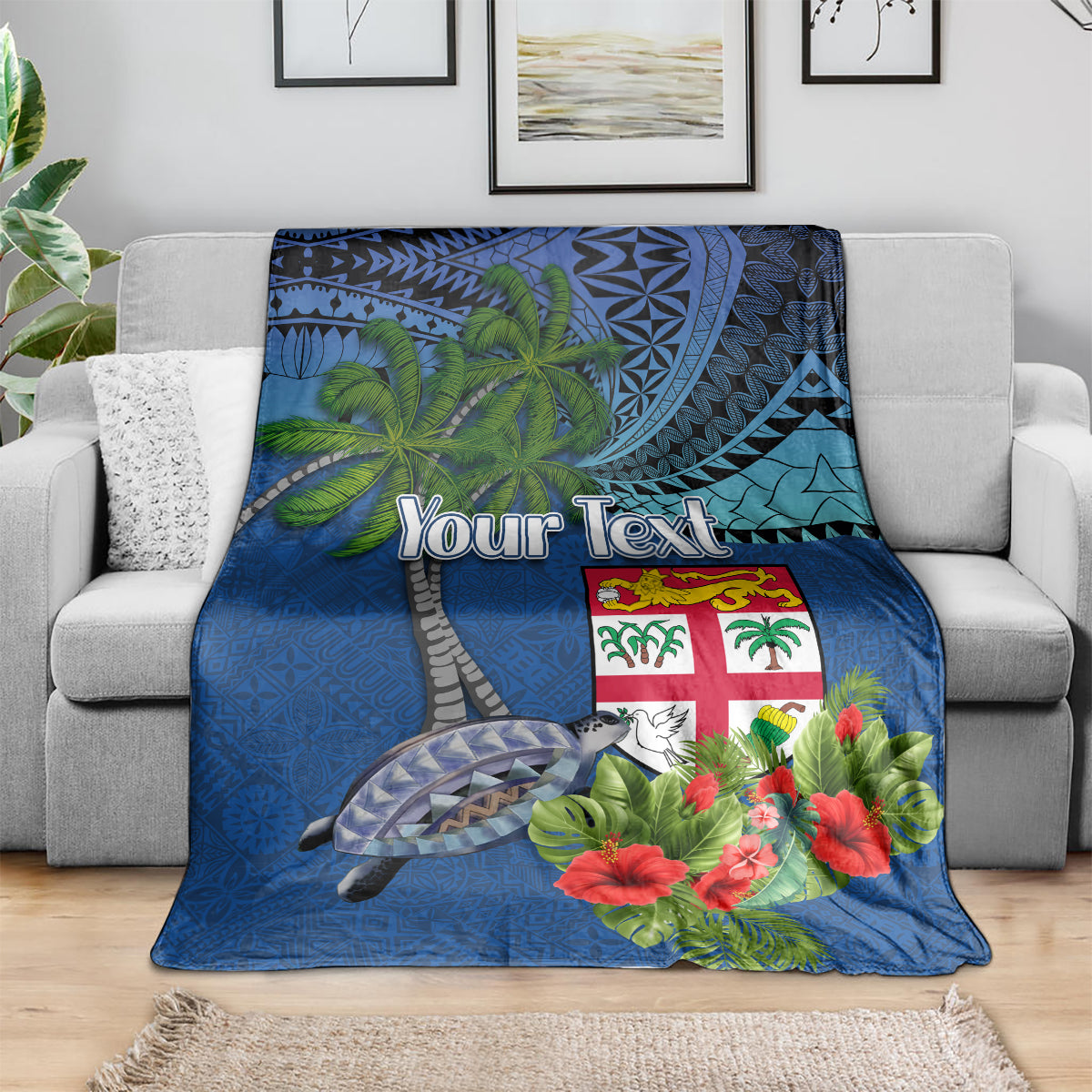 Personalised Fiji Independence Day Blanket Fijian Coat of Arms Palm and Hibiscus Tapa Pattern LT03 - Polynesian Pride