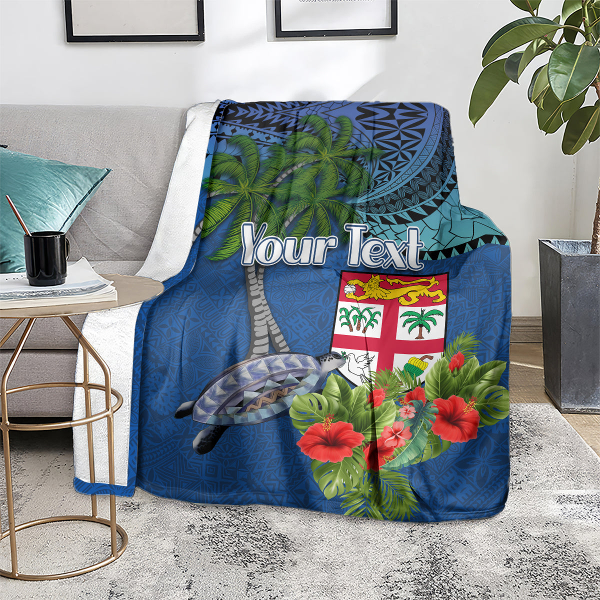 Personalised Fiji Independence Day Blanket Fijian Coat of Arms Palm and Hibiscus Tapa Pattern LT03 - Polynesian Pride