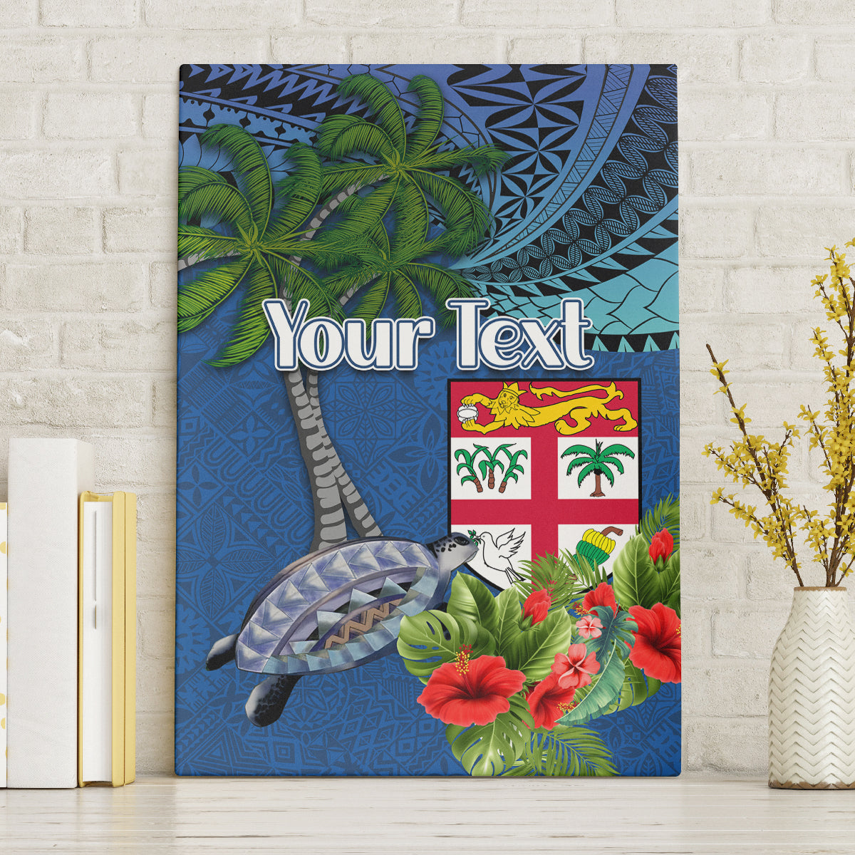 Personalised Fiji Independence Day Canvas Wall Art Fijian Coat of Arms Palm and Hibiscus Tapa Pattern LT03 Without Frame Blue - Polynesian Pride