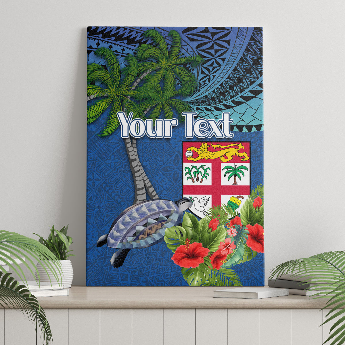 Personalised Fiji Independence Day Canvas Wall Art Fijian Coat of Arms Palm and Hibiscus Tapa Pattern LT03 - Polynesian Pride