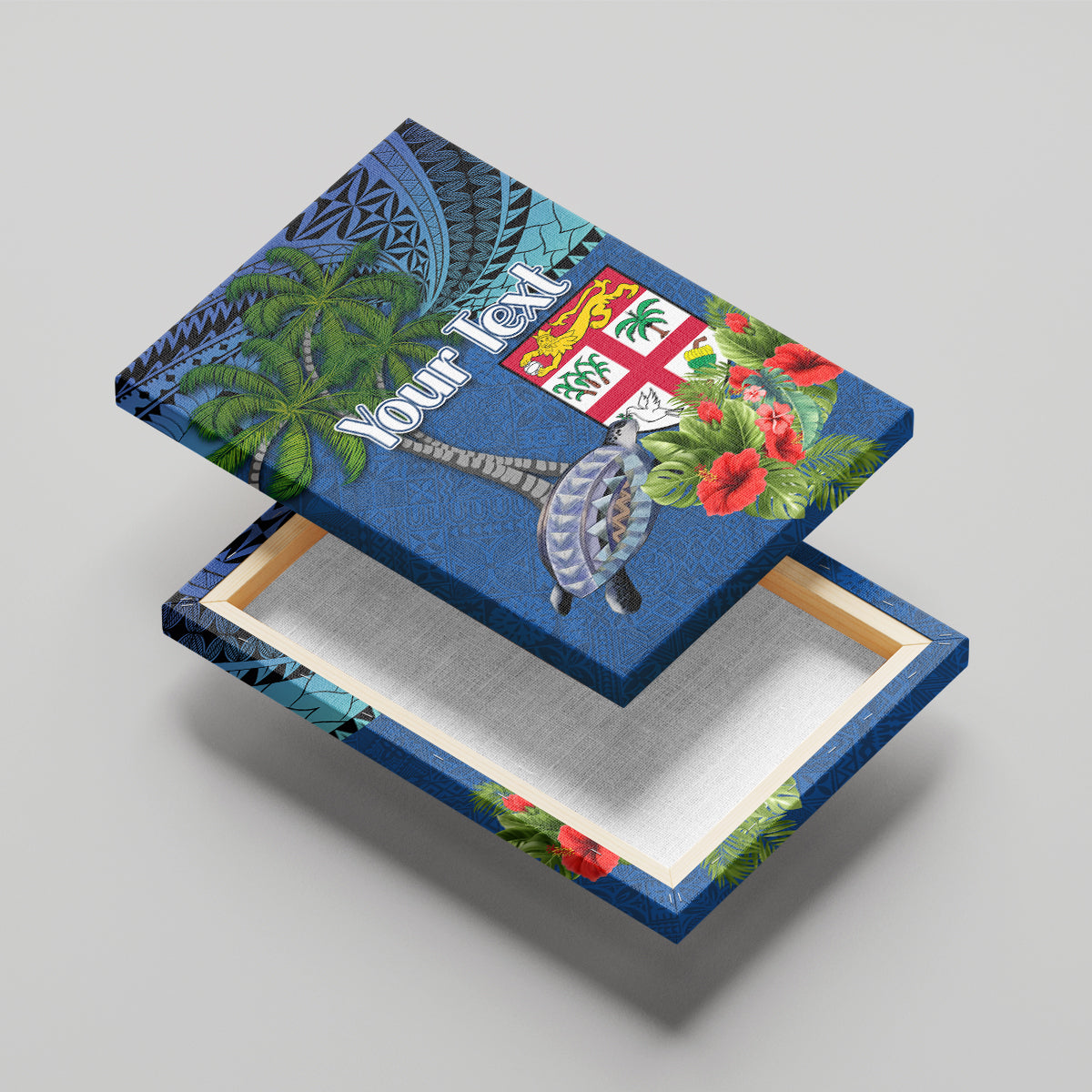 Personalised Fiji Independence Day Canvas Wall Art Fijian Coat of Arms Palm and Hibiscus Tapa Pattern LT03 - Polynesian Pride
