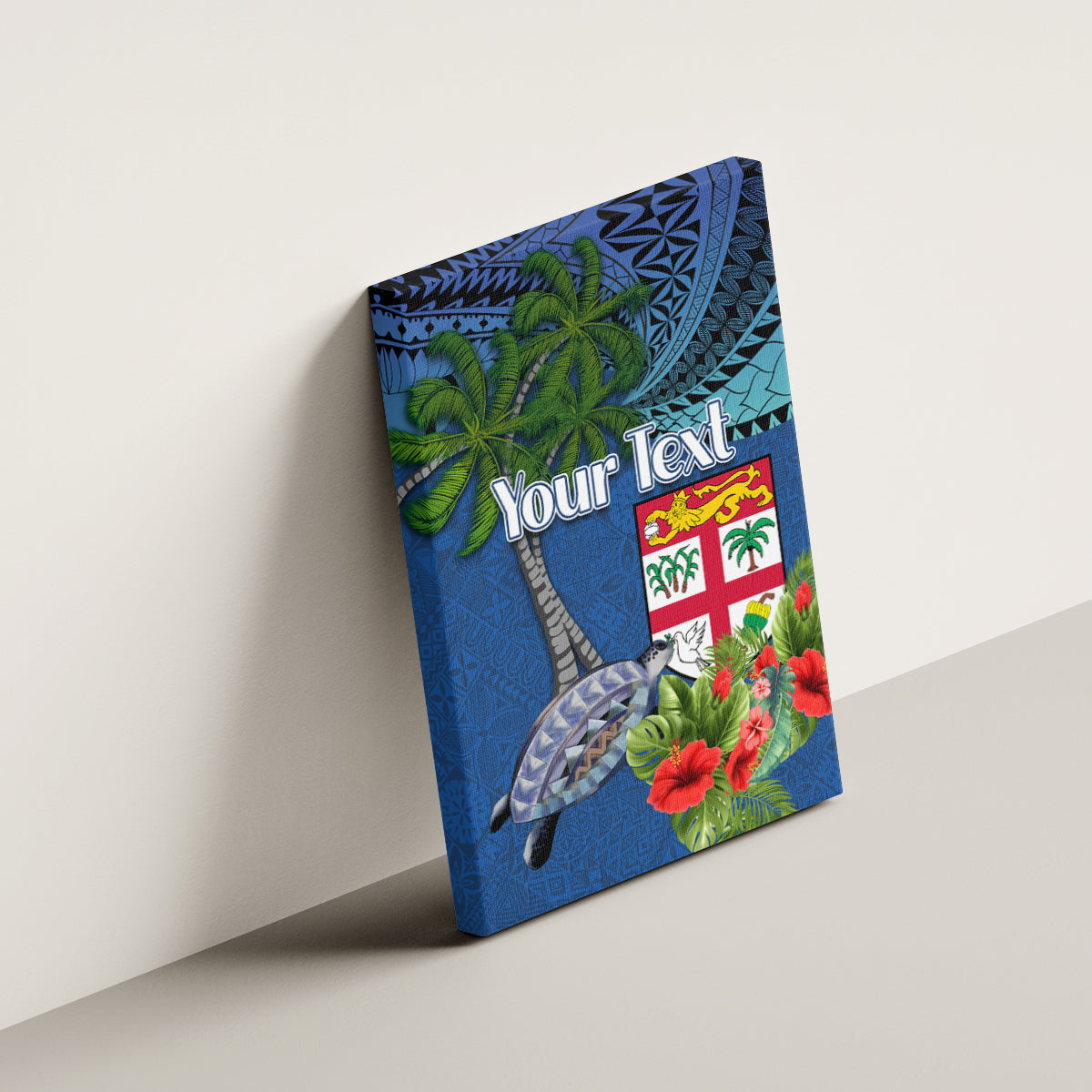 Personalised Fiji Independence Day Canvas Wall Art Fijian Coat of Arms Palm and Hibiscus Tapa Pattern LT03 - Polynesian Pride