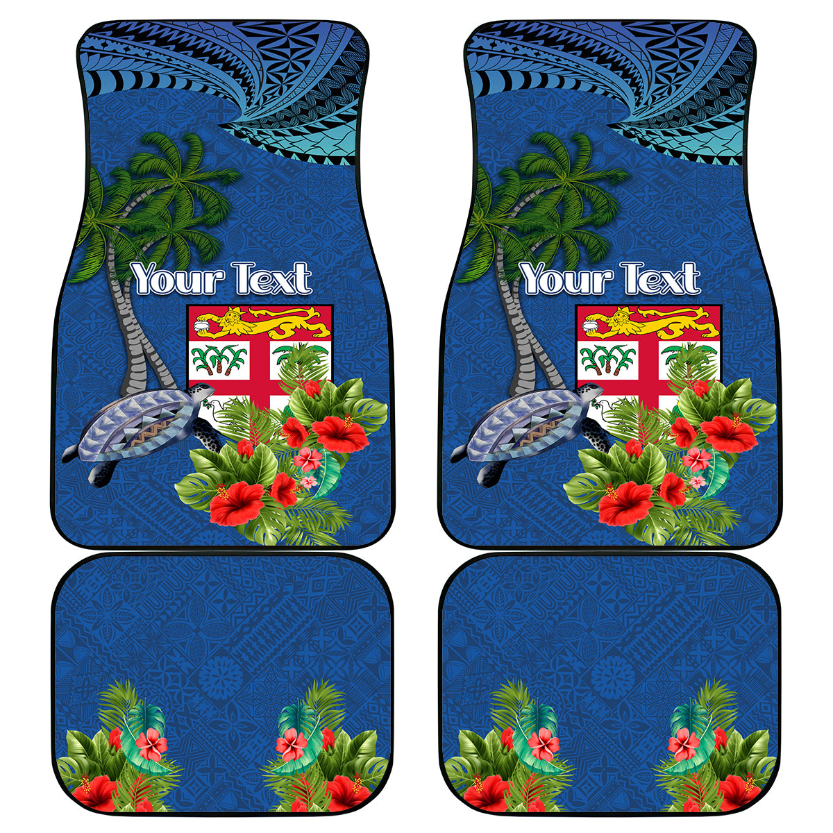 Personalised Fiji Independence Day Car Mats Fijian Coat of Arms Palm and Hibiscus Tapa Pattern LT03 - Polynesian Pride