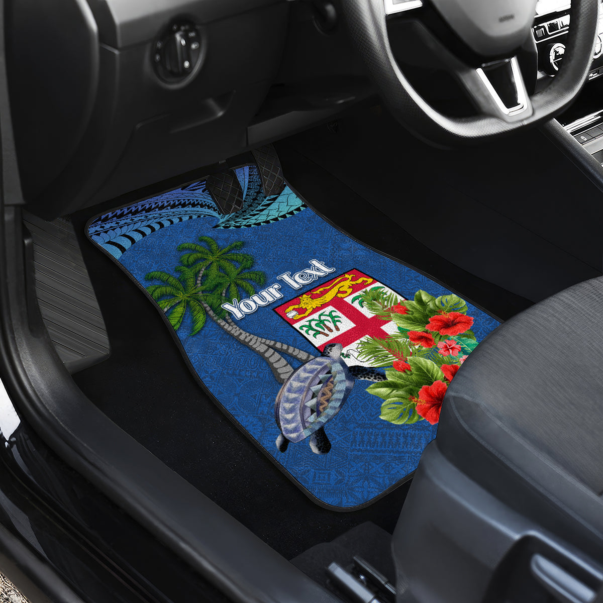 Personalised Fiji Independence Day Car Mats Fijian Coat of Arms Palm and Hibiscus Tapa Pattern LT03 - Polynesian Pride