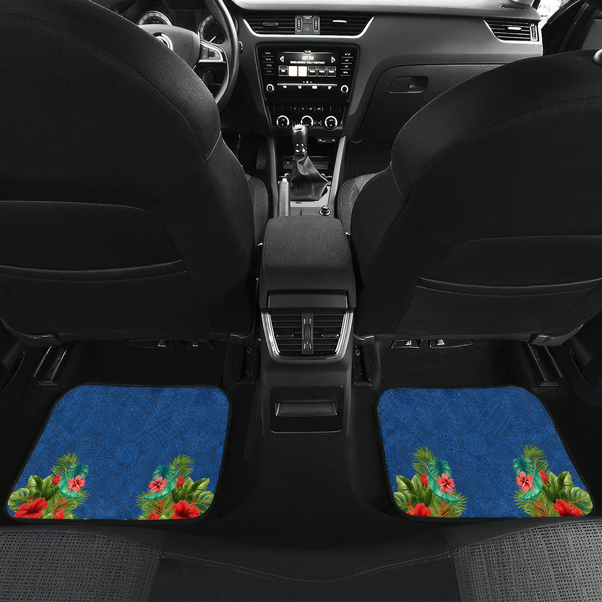 Personalised Fiji Independence Day Car Mats Fijian Coat of Arms Palm and Hibiscus Tapa Pattern LT03 Set 2pcs - Back Blue - Polynesian Pride