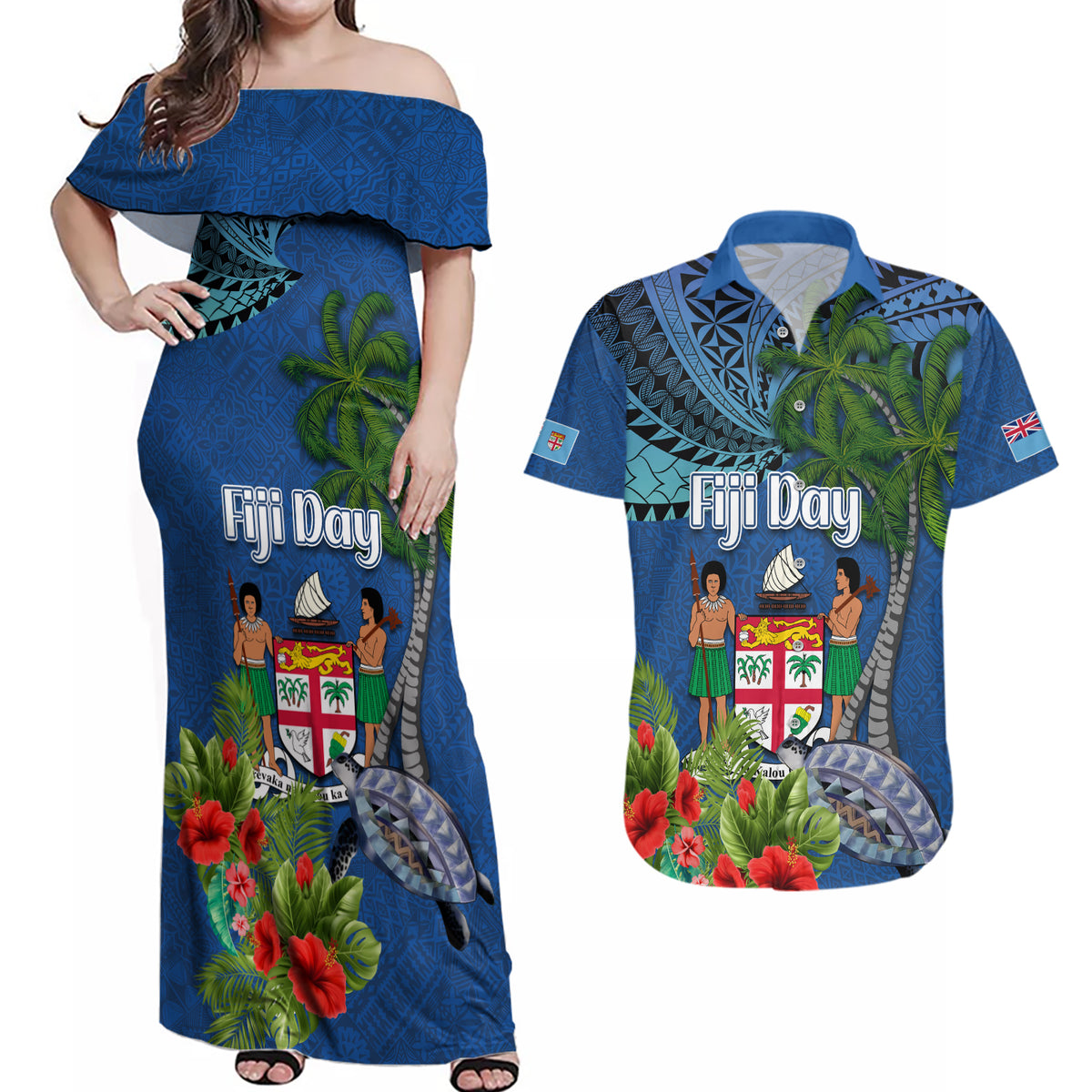 Personalised Fiji Independence Day Couples Matching Off Shoulder Maxi Dress and Hawaiian Shirt Fijian Coat of Arms Palm and Hibiscus Tapa Pattern LT03 Blue - Polynesian Pride