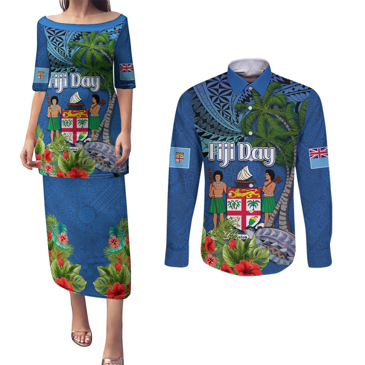 Personalised Fiji Independence Day Couples Matching Puletasi and Long Sleeve Button Shirt Fijian Coat of Arms Palm and Hibiscus Tapa Pattern LT03 Blue - Polynesian Pride