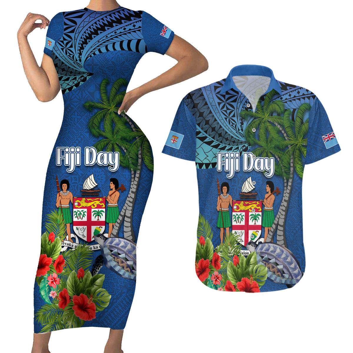 Personalised Fiji Independence Day Couples Matching Short Sleeve Bodycon Dress and Hawaiian Shirt Fijian Coat of Arms Palm and Hibiscus Tapa Pattern LT03 Blue - Polynesian Pride