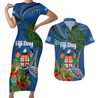 Personalised Fiji Independence Day Couples Matching Short Sleeve Bodycon Dress and Hawaiian Shirt Fijian Coat of Arms Palm and Hibiscus Tapa Pattern LT03 Blue - Polynesian Pride