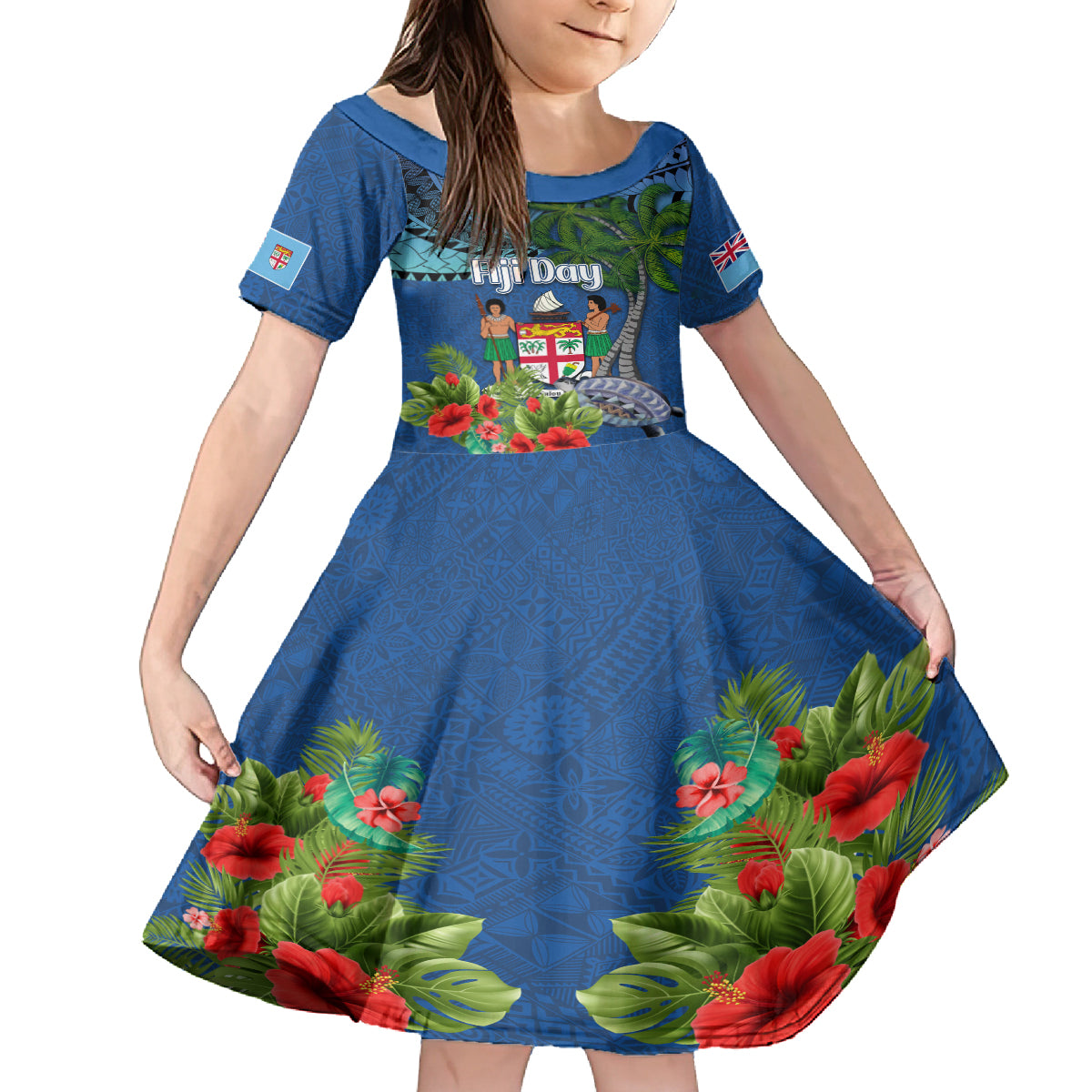Personalised Fiji Independence Day Family Matching Long Sleeve Bodycon Dress and Hawaiian Shirt Fijian Coat of Arms Palm and Hibiscus Tapa Pattern LT03 Daughter's Dress Blue - Polynesian Pride
