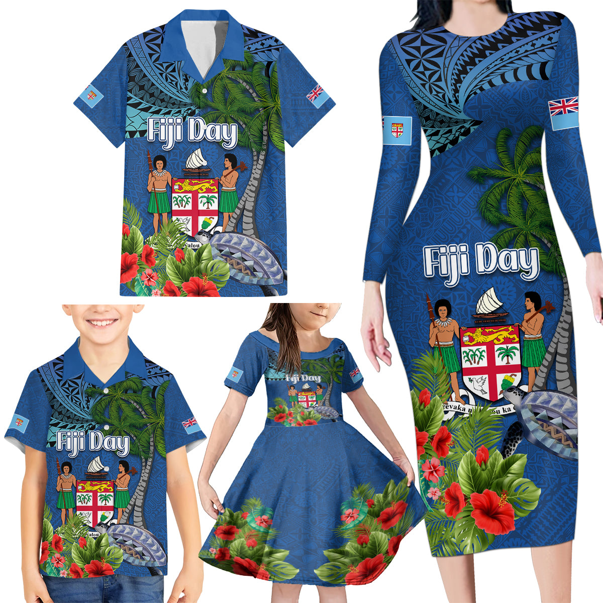 Personalised Fiji Independence Day Family Matching Long Sleeve Bodycon Dress and Hawaiian Shirt Fijian Coat of Arms Palm and Hibiscus Tapa Pattern LT03 - Polynesian Pride