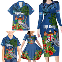 Personalised Fiji Independence Day Family Matching Long Sleeve Bodycon Dress and Hawaiian Shirt Fijian Coat of Arms Palm and Hibiscus Tapa Pattern LT03 - Polynesian Pride