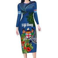 Personalised Fiji Independence Day Family Matching Long Sleeve Bodycon Dress and Hawaiian Shirt Fijian Coat of Arms Palm and Hibiscus Tapa Pattern LT03 Mom's Dress Blue - Polynesian Pride