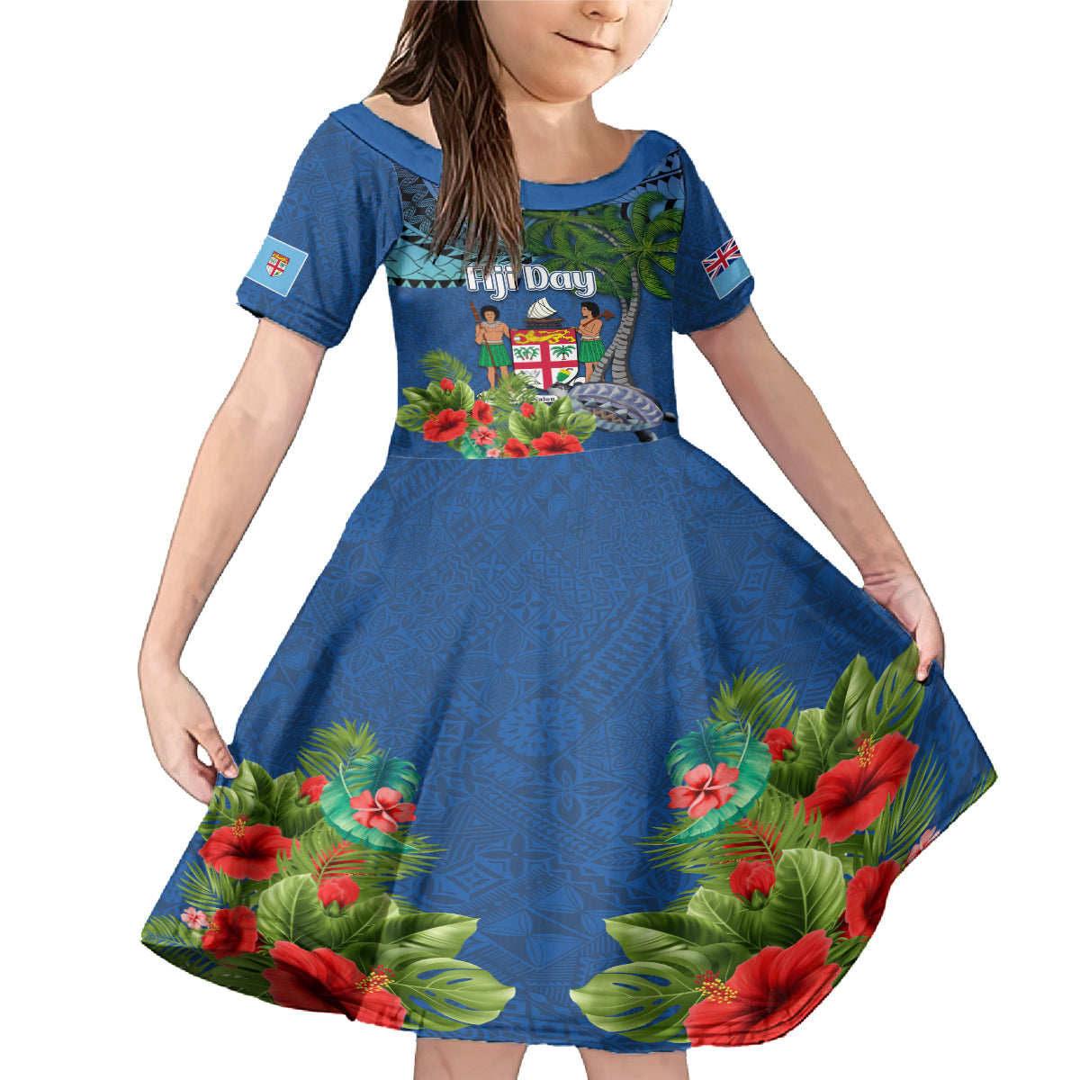 Personalised Fiji Independence Day Family Matching Mermaid Dress and Hawaiian Shirt Fijian Coat of Arms Palm and Hibiscus Tapa Pattern LT03 Daughter's Dress Blue - Polynesian Pride