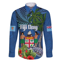 Personalised Fiji Independence Day Family Matching Mermaid Dress and Hawaiian Shirt Fijian Coat of Arms Palm and Hibiscus Tapa Pattern LT03 Dad's Shirt - Long Sleeve Blue - Polynesian Pride