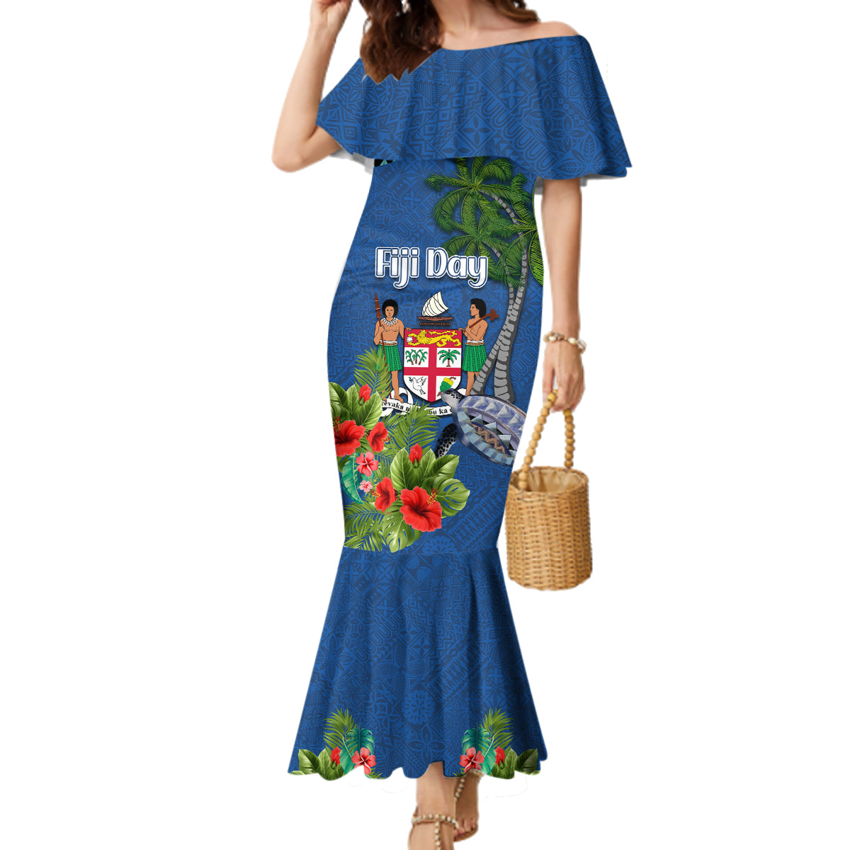 Personalised Fiji Independence Day Family Matching Mermaid Dress and Hawaiian Shirt Fijian Coat of Arms Palm and Hibiscus Tapa Pattern LT03 Mom's Dress Blue - Polynesian Pride