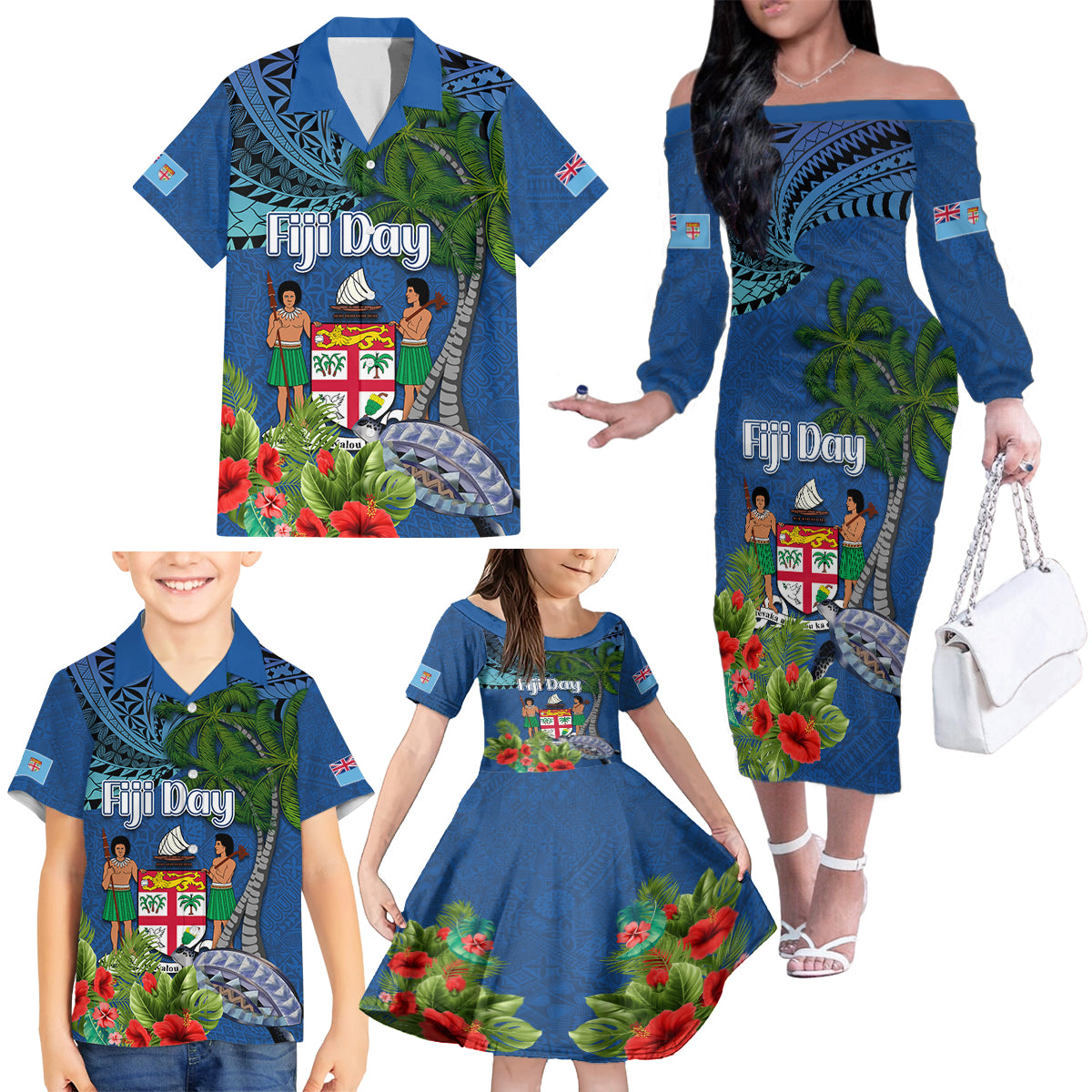 Personalised Fiji Independence Day Family Matching Off The Shoulder Long Sleeve Dress and Hawaiian Shirt Fijian Coat of Arms Palm and Hibiscus Tapa Pattern LT03 - Polynesian Pride