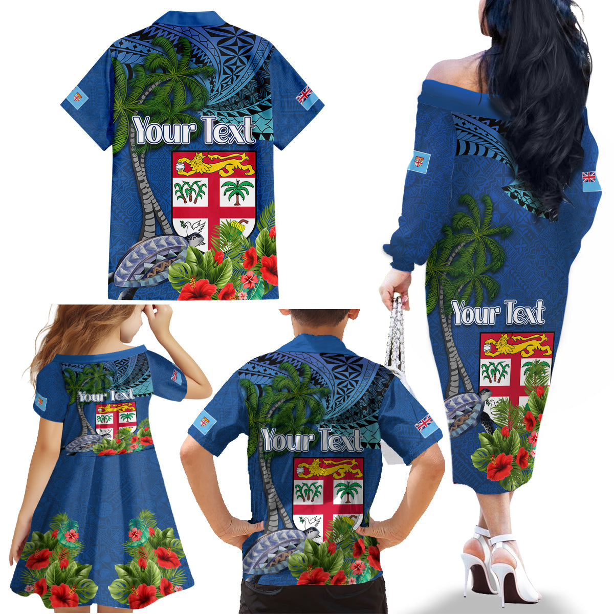 Personalised Fiji Independence Day Family Matching Off The Shoulder Long Sleeve Dress and Hawaiian Shirt Fijian Coat of Arms Palm and Hibiscus Tapa Pattern LT03 - Polynesian Pride