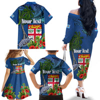 Personalised Fiji Independence Day Family Matching Off The Shoulder Long Sleeve Dress and Hawaiian Shirt Fijian Coat of Arms Palm and Hibiscus Tapa Pattern LT03 - Polynesian Pride