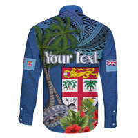 Personalised Fiji Independence Day Family Matching Off The Shoulder Long Sleeve Dress and Hawaiian Shirt Fijian Coat of Arms Palm and Hibiscus Tapa Pattern LT03 - Polynesian Pride