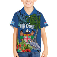 Personalised Fiji Independence Day Family Matching Off The Shoulder Long Sleeve Dress and Hawaiian Shirt Fijian Coat of Arms Palm and Hibiscus Tapa Pattern LT03 Son's Shirt Blue - Polynesian Pride