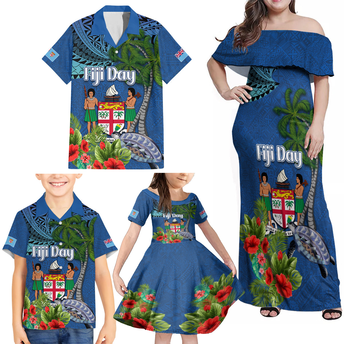 Personalised Fiji Independence Day Family Matching Off Shoulder Maxi Dress and Hawaiian Shirt Fijian Coat of Arms Palm and Hibiscus Tapa Pattern LT03 - Polynesian Pride