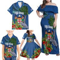 Personalised Fiji Independence Day Family Matching Off Shoulder Maxi Dress and Hawaiian Shirt Fijian Coat of Arms Palm and Hibiscus Tapa Pattern LT03 - Polynesian Pride