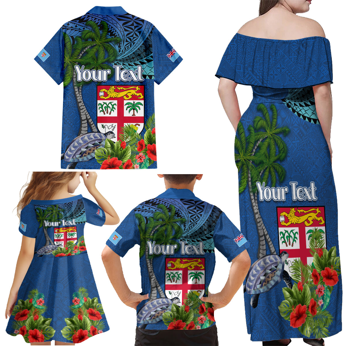 Personalised Fiji Independence Day Family Matching Off Shoulder Maxi Dress and Hawaiian Shirt Fijian Coat of Arms Palm and Hibiscus Tapa Pattern LT03 - Polynesian Pride