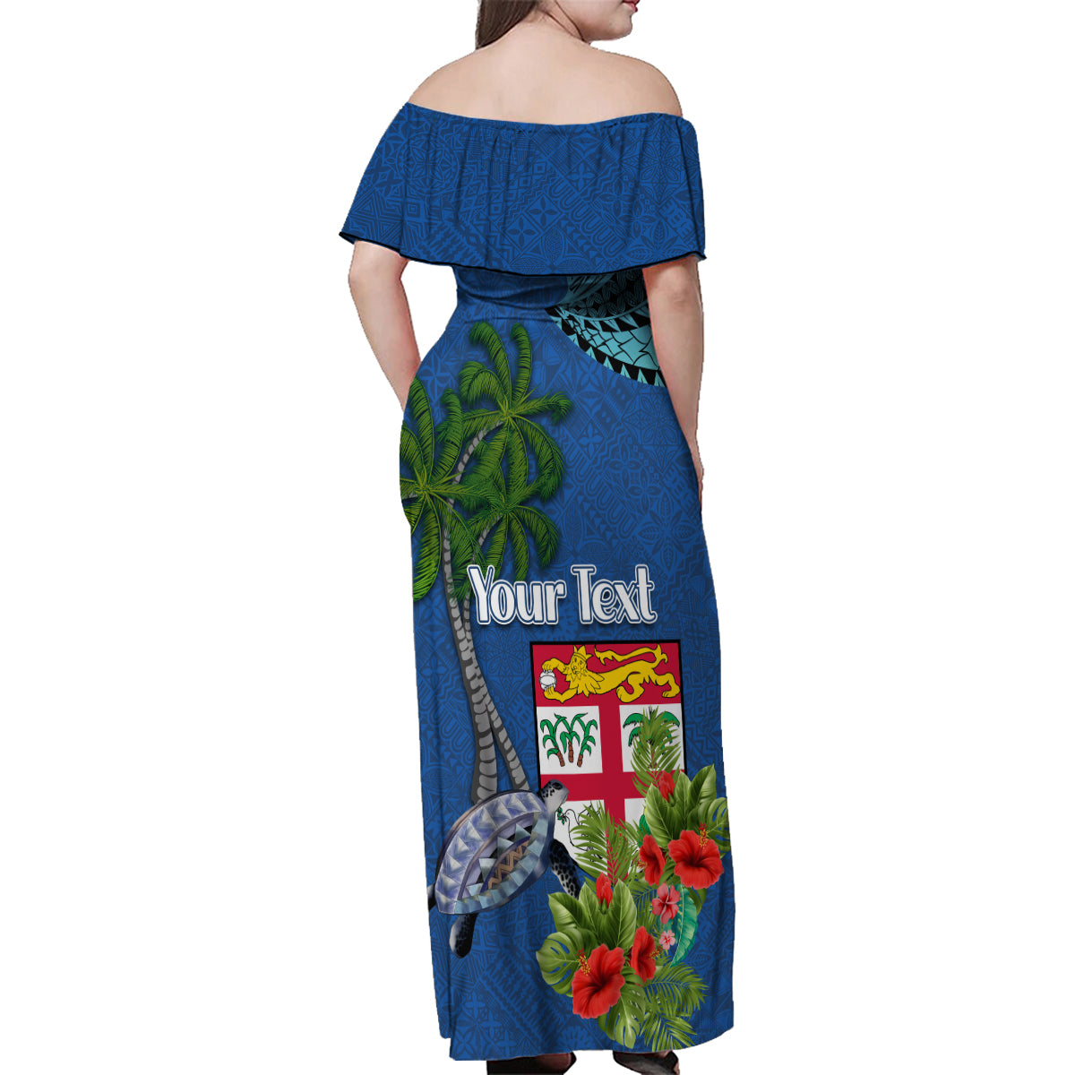 Personalised Fiji Independence Day Family Matching Off Shoulder Maxi Dress and Hawaiian Shirt Fijian Coat of Arms Palm and Hibiscus Tapa Pattern LT03 - Polynesian Pride