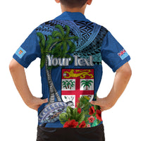 Personalised Fiji Independence Day Family Matching Off Shoulder Short Dress and Hawaiian Shirt Fijian Coat of Arms Palm and Hibiscus Tapa Pattern LT03 - Polynesian Pride
