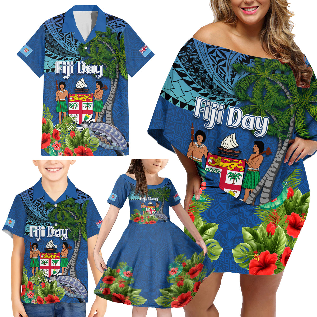 Personalised Fiji Independence Day Family Matching Off Shoulder Short Dress and Hawaiian Shirt Fijian Coat of Arms Palm and Hibiscus Tapa Pattern LT03 - Polynesian Pride