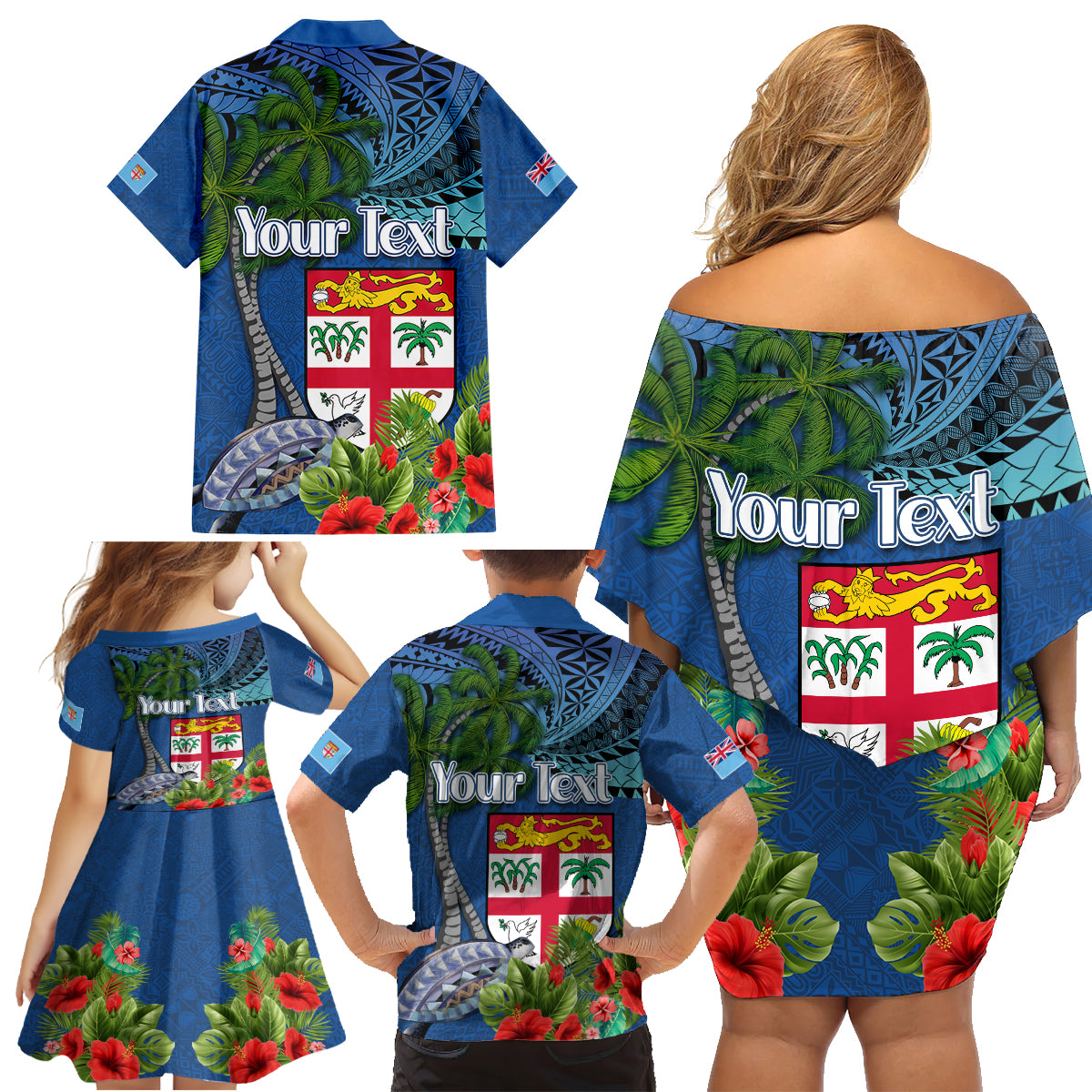 Personalised Fiji Independence Day Family Matching Off Shoulder Short Dress and Hawaiian Shirt Fijian Coat of Arms Palm and Hibiscus Tapa Pattern LT03 - Polynesian Pride