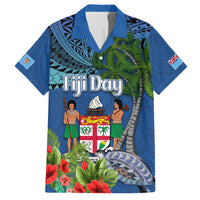Personalised Fiji Independence Day Family Matching Off Shoulder Short Dress and Hawaiian Shirt Fijian Coat of Arms Palm and Hibiscus Tapa Pattern LT03 Dad's Shirt - Short Sleeve Blue - Polynesian Pride