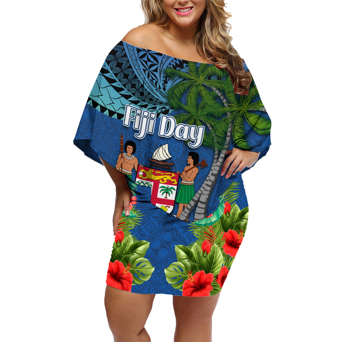 Personalised Fiji Independence Day Family Matching Off Shoulder Short Dress and Hawaiian Shirt Fijian Coat of Arms Palm and Hibiscus Tapa Pattern LT03 Mom's Dress Blue - Polynesian Pride