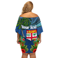 Personalised Fiji Independence Day Family Matching Off Shoulder Short Dress and Hawaiian Shirt Fijian Coat of Arms Palm and Hibiscus Tapa Pattern LT03 - Polynesian Pride