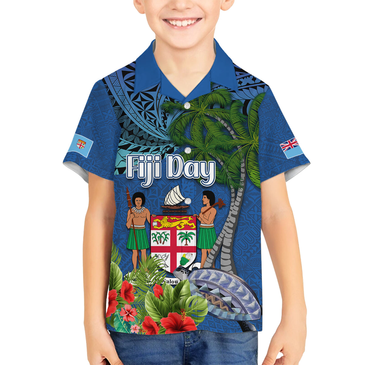 Personalised Fiji Independence Day Family Matching Off Shoulder Short Dress and Hawaiian Shirt Fijian Coat of Arms Palm and Hibiscus Tapa Pattern LT03 Son's Shirt Blue - Polynesian Pride