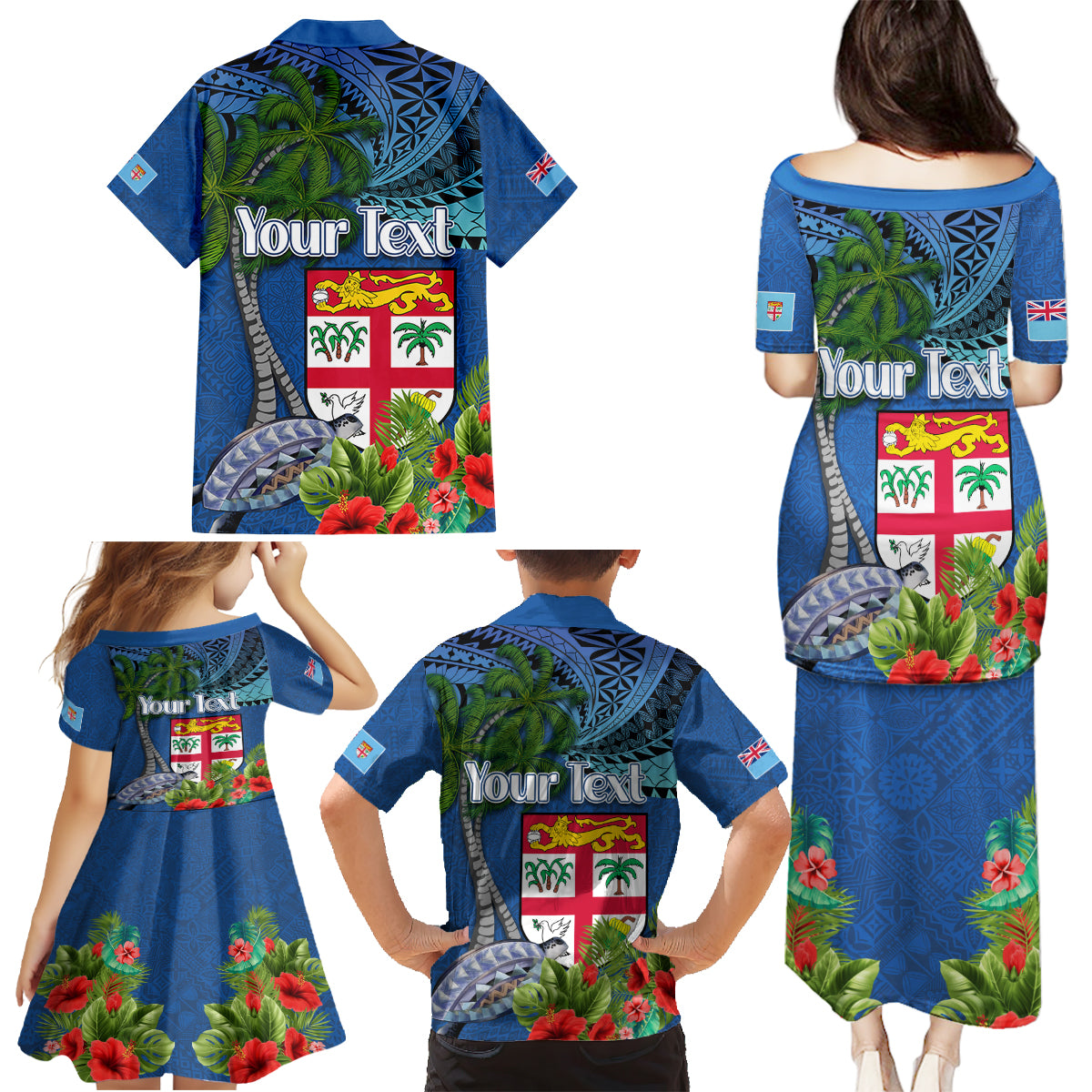 Personalised Fiji Independence Day Family Matching Puletasi and Hawaiian Shirt Fijian Coat of Arms Palm and Hibiscus Tapa Pattern LT03 - Polynesian Pride