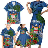 Personalised Fiji Independence Day Family Matching Short Sleeve Bodycon Dress and Hawaiian Shirt Fijian Coat of Arms Palm and Hibiscus Tapa Pattern LT03 - Polynesian Pride
