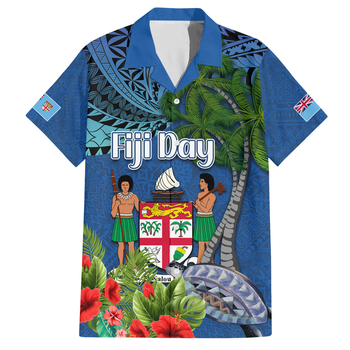 Personalised Fiji Independence Day Family Matching Short Sleeve Bodycon Dress and Hawaiian Shirt Fijian Coat of Arms Palm and Hibiscus Tapa Pattern LT03 Dad's Shirt - Short Sleeve Blue - Polynesian Pride
