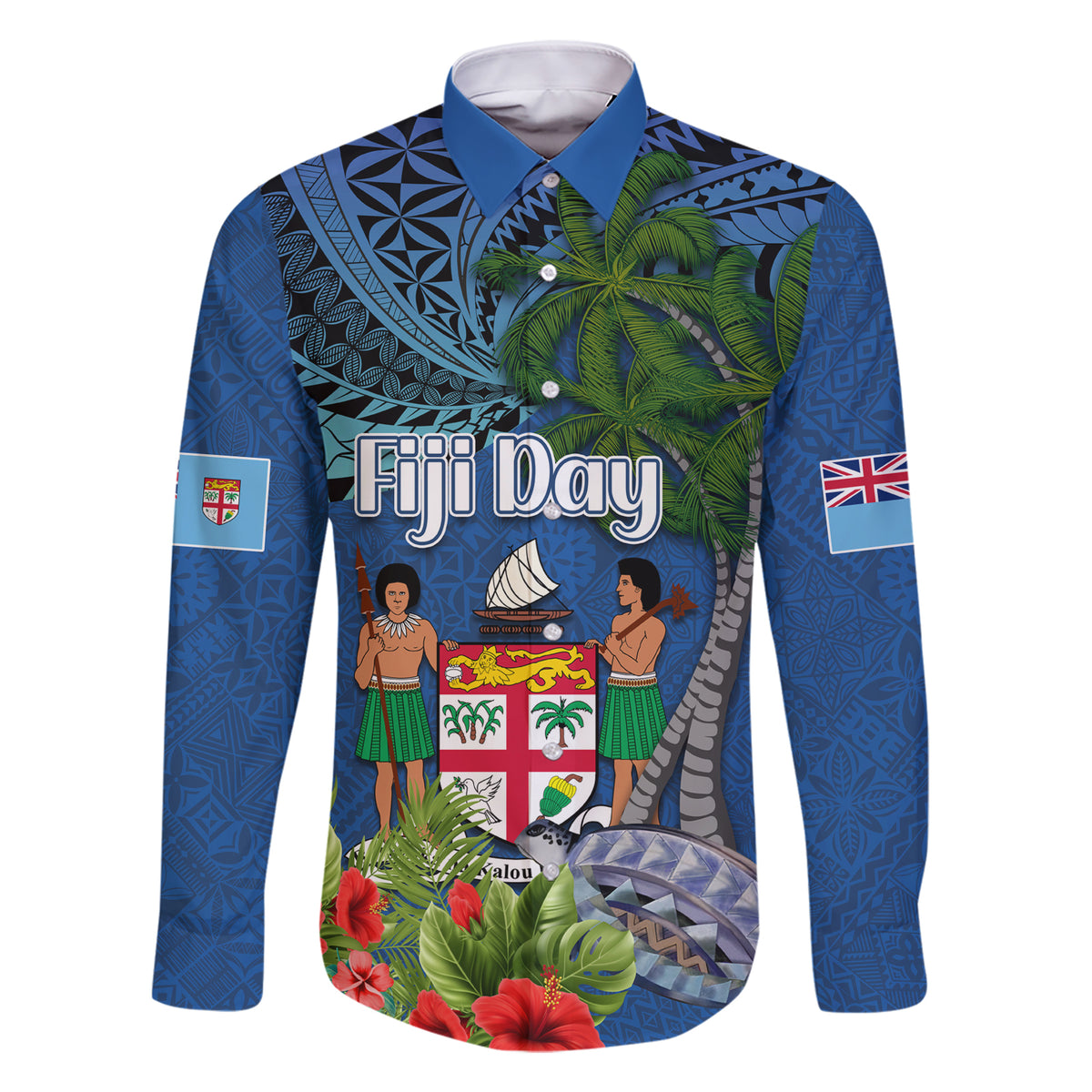 Personalised Fiji Independence Day Family Matching Short Sleeve Bodycon Dress and Hawaiian Shirt Fijian Coat of Arms Palm and Hibiscus Tapa Pattern LT03 Dad's Shirt - Long Sleeve Blue - Polynesian Pride