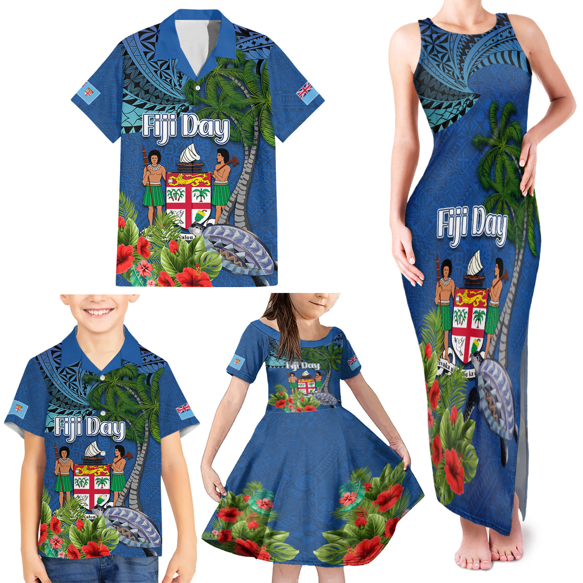 Personalised Fiji Independence Day Family Matching Tank Maxi Dress and Hawaiian Shirt Fijian Coat of Arms Palm and Hibiscus Tapa Pattern LT03 - Polynesian Pride
