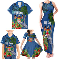 Personalised Fiji Independence Day Family Matching Tank Maxi Dress and Hawaiian Shirt Fijian Coat of Arms Palm and Hibiscus Tapa Pattern LT03 - Polynesian Pride