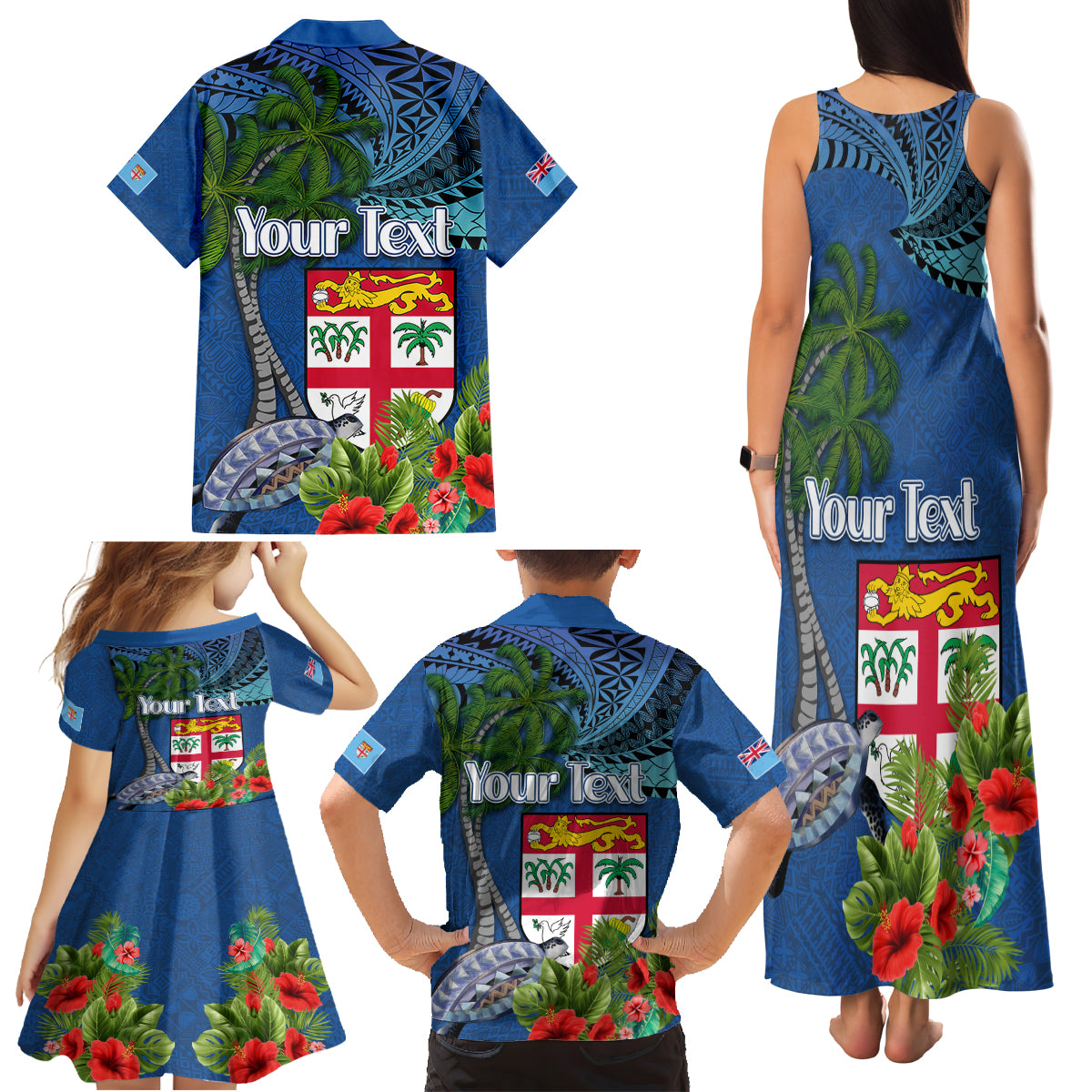 Personalised Fiji Independence Day Family Matching Tank Maxi Dress and Hawaiian Shirt Fijian Coat of Arms Palm and Hibiscus Tapa Pattern LT03 - Polynesian Pride