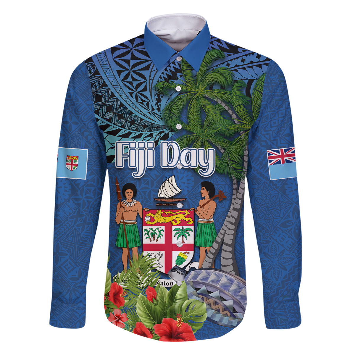 Personalised Fiji Independence Day Family Matching Tank Maxi Dress and Hawaiian Shirt Fijian Coat of Arms Palm and Hibiscus Tapa Pattern LT03 Dad's Shirt - Long Sleeve Blue - Polynesian Pride